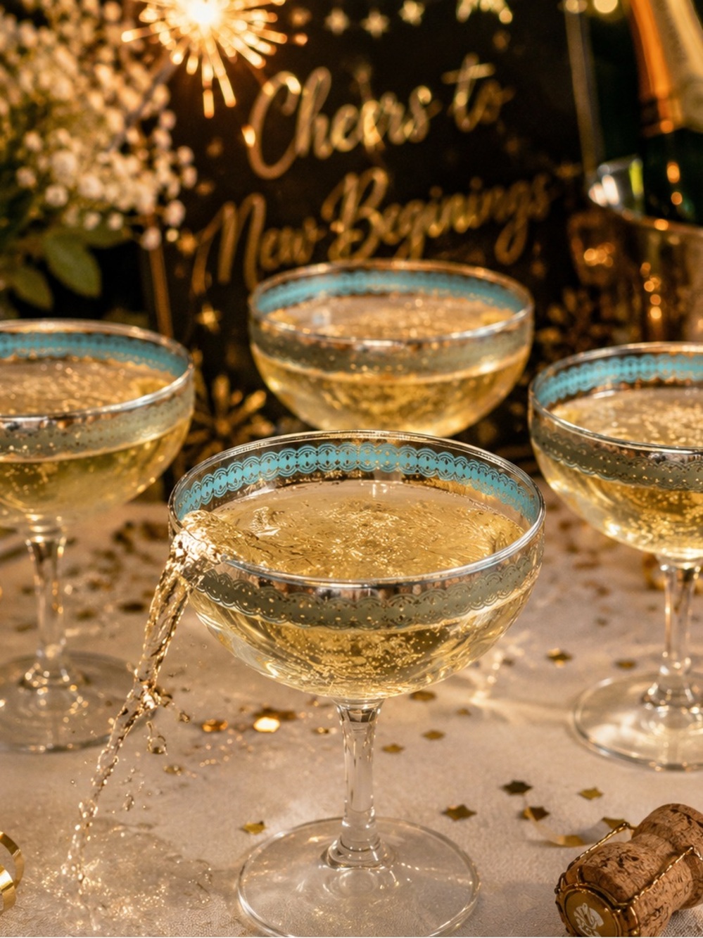 Source Unknown Clear Coupe Glasses with Turquoise and Gold Rim (Set of 4)